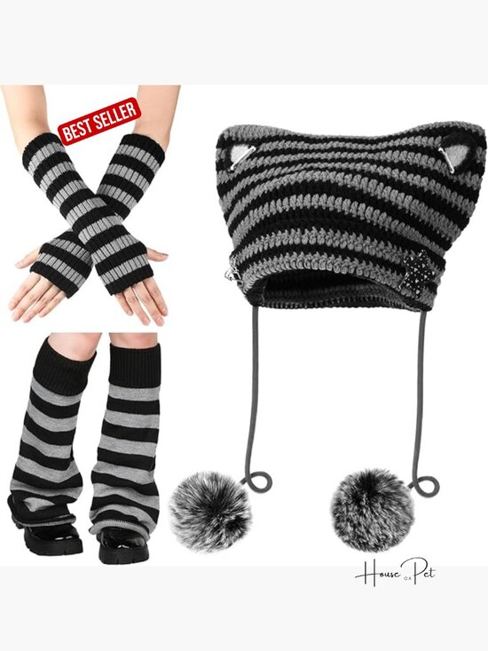 Y2k Cat Crochet Beanie Hat Set with Arm & Leg Warmers Polyester